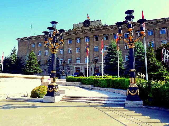 The Presidential Palace, formerly the building of the Supreme Soviet of the Nagorno-Karabakh Autonomous Oblast.