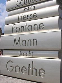 Modern Book Printing from the Walk of Ideas in Berlin, Germany – built during 2006 to commemorate Johannes Gutenberg's invention, c. 1445, of movable printing type. With Fontane's name among other famous German writers.