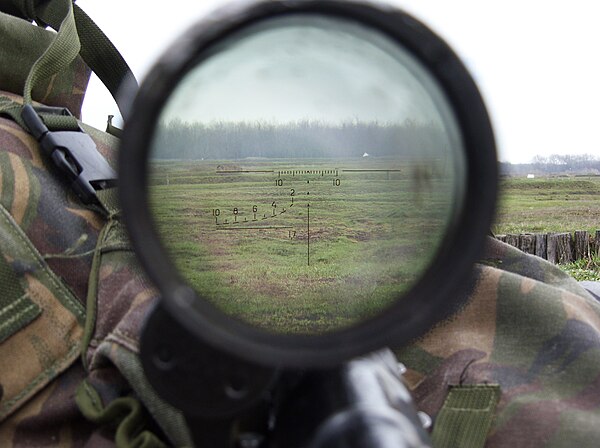 The PSO-1's unique reticle. The rangefinder is in the lower left, chevrons for distances beyond 1,000 m (1,094 yd) are found in the middle, and stadia