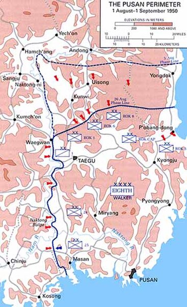 The Pusan Perimeter in August 1950. The 24th Infantry Division held a position on the western line.