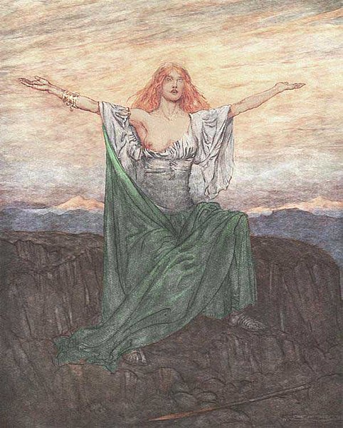 The valkyrie Sigrdrífa says a pagan Norse prayer in Sigrdrífumál; illustration by Arthur Rackham