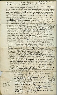 Committee of Five working draft of the Declaration of Independence, dated June 24, 1776, copied from the original draft by John Adams for Roger Sherman's review and approval. Roger Sherman Copy of the Declaration of Independence.jpg