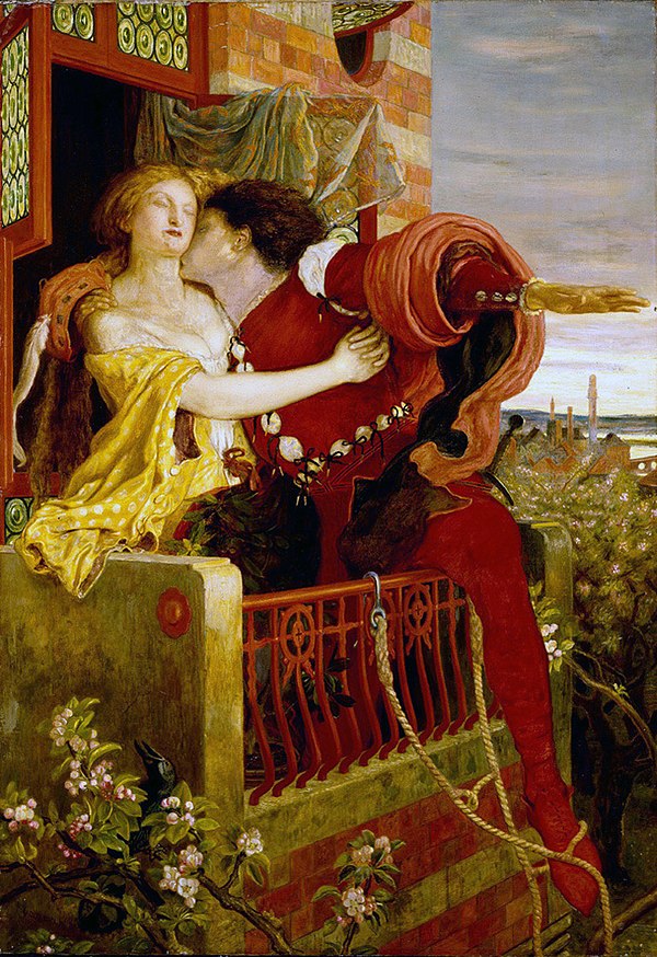 An 1870 oil painting by Ford Madox Brown of Romeo and Juliet, considered to be the archetypal romantic couple, depicting the play's iconic balcony sce