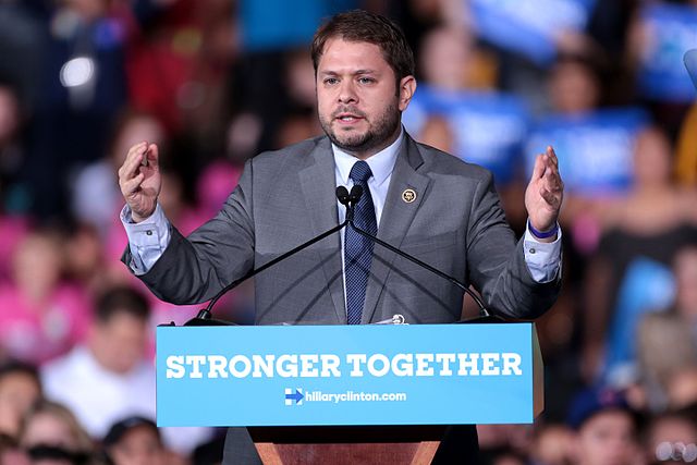 Gallego speaking at a rally for presidential candidate Hillary Clinton in 2016