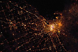 Satellite night imagery of Melbourne, showing the grid layout of the city. Satellite image of Melbourne at night.jpg