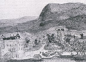 Drawing from 1580, showing St. Mary's Church (C)