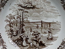 The bridge as pictured in a Staffordshire stoneware plate in the 1840s. (From the home of J L Runeberg) Select Sketches - Menai Bridge 2.jpg