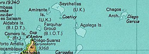 BIOT antes de la independencia de Seixeles en 1976. Desroches nun apaez pero forma parte de les islles Amirante.