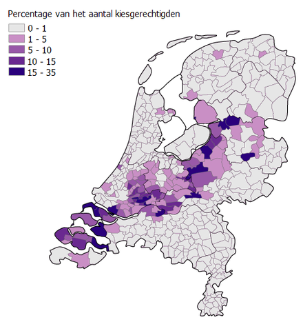 Areas where the Dutch Christian right Reformed Political Party (SGP) received a significant number of votes in 2010, largely co-extensive with the Dutch Bible Belt.