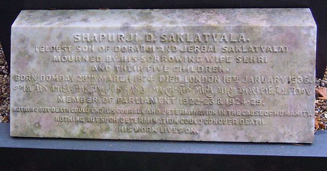 Memorial to Shapurji Saklatvala on his mother's tomb in Brookwood Cemetery