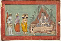 Shiva, Vishnu e Brahma adorano Kali.