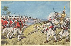 A British illustration of Sayed Sahib leading Hyder Ali's forces during the Siege of Cuddalore.