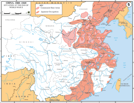 Japanese occupation (red) of eastern China near the end of the war, and Communist bases (striped)