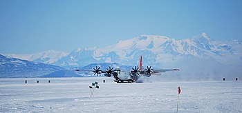 Ski-equipped LC-130 in Greenland, from the 109th Airlift Wing, 2016 Ski-equipped C-130 in Greenland (cropped).JPG