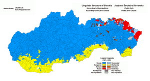 Municipios de Eslovaquia según la lengua más utilizada (el eslovaco está en azul) según el censo de 2011.