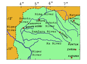 Sokoto upės sistems (žalia spalva - Nigerija, oranžinė - Nigeris)