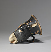 This neck of this rhyton is decorated with red-figure satyrs cavorting. ca. 450 BCE. Walters Art Museum, Baltimore.