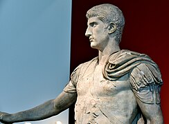 Statue of a Julio-Claudian prince. Head probably depicts Gaius Caesar, made 5 BCE-14 CE. Torso of a general made 69-90 CE. Altes Museum, Berlin, Germany.jpg