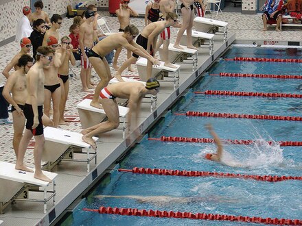 Swimmers about to make the pass during a relay race