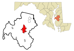 Eastons läge i Talbot County och countyts läge i Maryland.
