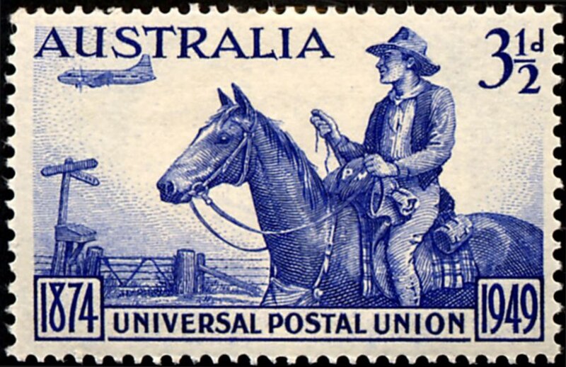 File:The Commonwealth of Australia 1949 Mi 198 stamp (75th anniversary of the UPU. Mail carrier and plane).jpg