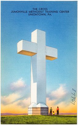 Cross on 1950s postcard The Cross, Jumonville Methodist Training Center, Uniontown, PA (87767).jpg