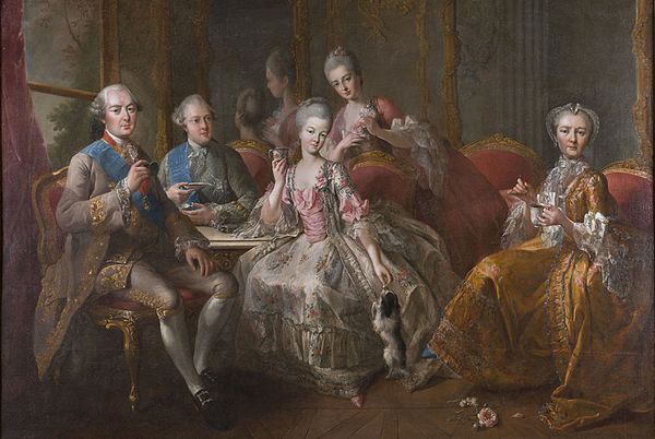 La famille du Duc de Penthièvre, ou La tasse de chocolat, painting by Jean-Baptiste Charpentier le Vieux (1768). From left to right, seated: Duc de Pe