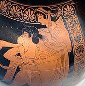 شريطان من سعف النخيل (أحدهما أفقي والآخر رأسي) على وعاء يوناني قديم، حوالي عام 510 قبل الميلاد، في مجموعة أثار الدولة في ميونخ، ألمانيا