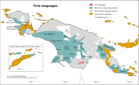 Distribuirea limbilor Tirio în Noua Guinee, pe roșu pe hartă.