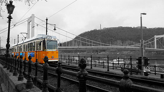 A tram in Budapest, on Danube east-bank.