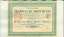 Share of the Compagnie du Tramway du Mont-Blanc, issued 18. September 1911 Tramways du Mont-Blanc 1911.jpg