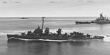 Alabama cruising with her screen of escorting destroyers in April 1944; Knapp is in the foreground USS Knapp (DD-653) with USS Alabama (BB-60) in April 1944.jpg