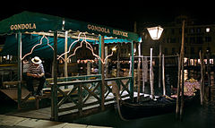 Gondolas in the Grand Canal by the Rialto Bridge. Venice, Italy 2009