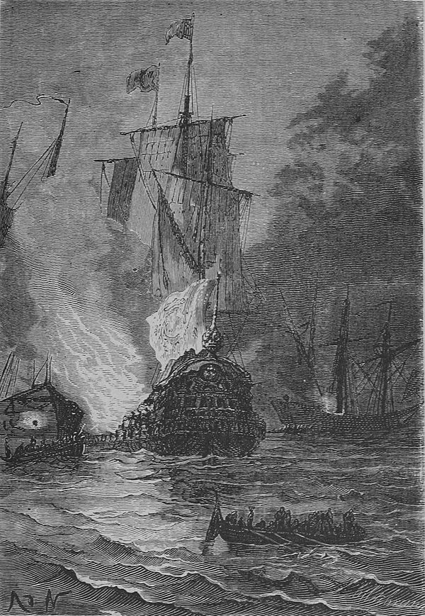 The Battle of Vigo Bay as depicted by Alphonse de Neuville in Twenty Thousand Leagues Under the Sea.