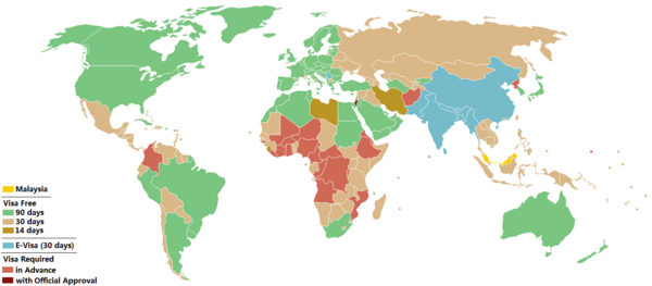A map showing the visa requirements of Malaysia, with countries in green, brown and light brown having visa-free access; and countries in blue having E-Visa