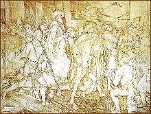 The suppression of St John's Abbey, Colchester, with the execution of the abbot shown in the background Visitation monasteries.JPG