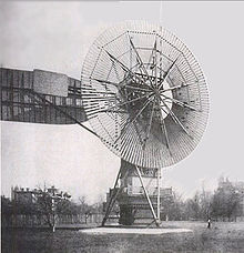 The first automatically operated wind turbine, built in Cleveland in 1887 by Charles F. Brush. It was 60 feet (18 m) tall, weighed 4 tons (3.6 metric tonnes) and powered a 12 kW generator. Wind turbine 1888 Charles Brush.jpg
