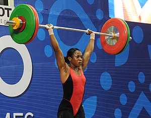 XIX Commonwealth Games-2010 Delhi Nigerian weightlifter Onyeka Azike completed a lift at the women’s 53 kg category weightlifting and won the Silver Medal, in New Delhi on October 05, 2010.jpg