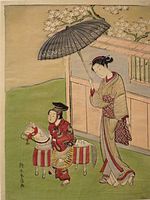 Noiet i cavall de joguina. Gravat de Suzuki Harunobu (c. 1767 – 1768).