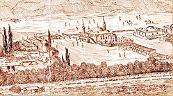 Фрагмент рисунка з гравюри першої половини XVII ст. Брами і світського корпуса ще немає[11]