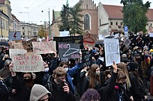 The October 2020 Polish protests were caused by severe changes to abortion laws. 02020 0557 (2) Protest against abortion restriction in Krakow, October 2020.jpg