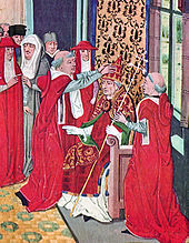 Иллюминация, изображающая человека в красном церковном облачении, сидящего на троне и держащего епископский посох.  Несколько мужчин также в красном окружают его, и один из них венчает его папской тиарой.