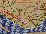 Ano 1154. Fragmento da Tábula Rogeriana de Al-Idrisi.[363] O autor divide a península ibérica en tres espazos: ard Galika (Galicia), al-andalus (a España musulmá) e ard kastalia (Castela).[364]