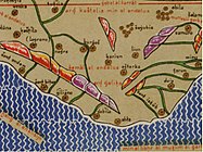 Detalle do noroeste da peninsula ibérica na Tábula Rogeriana de Al Idrisi onde se aprecia o nome de Ard Galika entre outros. Ano 1154.