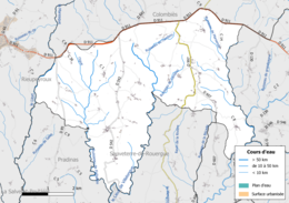 Mapa colorido mostrando a rede hidrográfica do município
