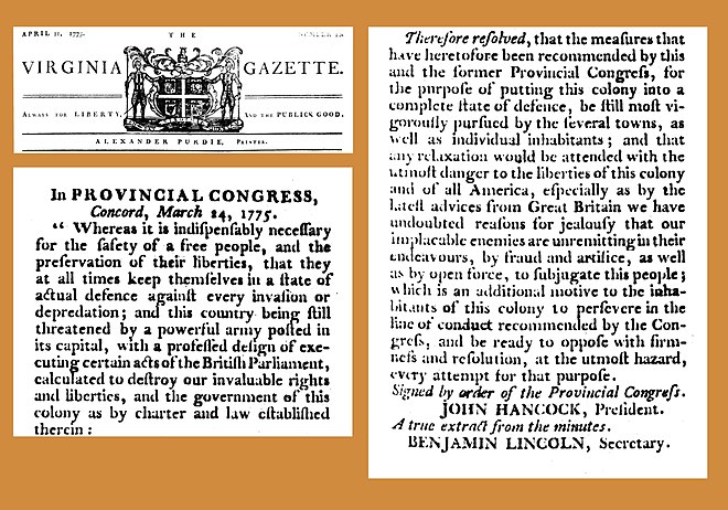 This March 24, 1775 resolution of the Massachusetts Provincial Congress, signed by John Hancock weeks before the battles of Lexington and Concord, calls for the colony to be put into "a complete state of defense".[1] Resolutions are often preceded by "Whereas..." clauses that express reasons or justifications for the ensuing resolution.