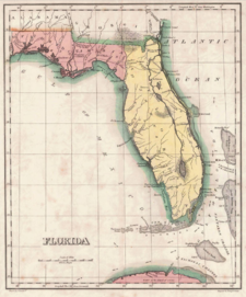 Under Spanish rule, Florida was divided by the natural separation of the Suwannee River into West Florida and East Florida. (map: Carey & Lea, 1822) 1822 Geographical, Statistical, and Historical Map of Florida by Henry Charles Carey, Isaac Lea and Fielding Lucas.png