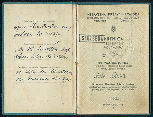 Diplomatic passport issued in 1941 to Ante Šoša, employee of NDH's consulte in Vienna