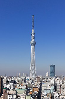The Tokyo Skytree in Tokyo, Japan has been the tallest tower since 2012. 2019 Tokyo Skytree.jpg