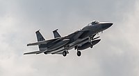 A US Air Force F-15C Eagle, tail number 83-0010, on final approach at Kadena Air Base in Okinawa, Japan. The aircraft is assigned to the 67th Fighter Squadron.